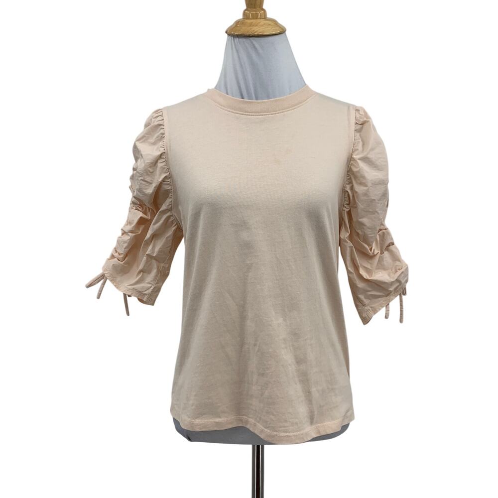 Frame T Shirt Womens M Medium Light Peach Ruched Tie Puff Sleeve Organic Cotton